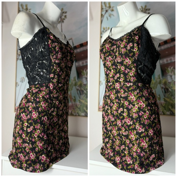 Free People Intimately Black Floral Lace Mini Dress Chemise Slip Size Large Y2K - Picture 4 of 7